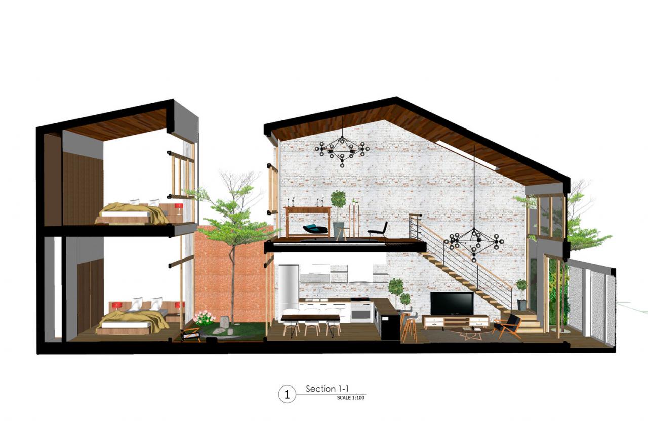 bản vẽ thiết kế nhà 2 tầng minimalist ôm trọn thiên nhiên với khoảng thông tầng giữa nhà thú vị